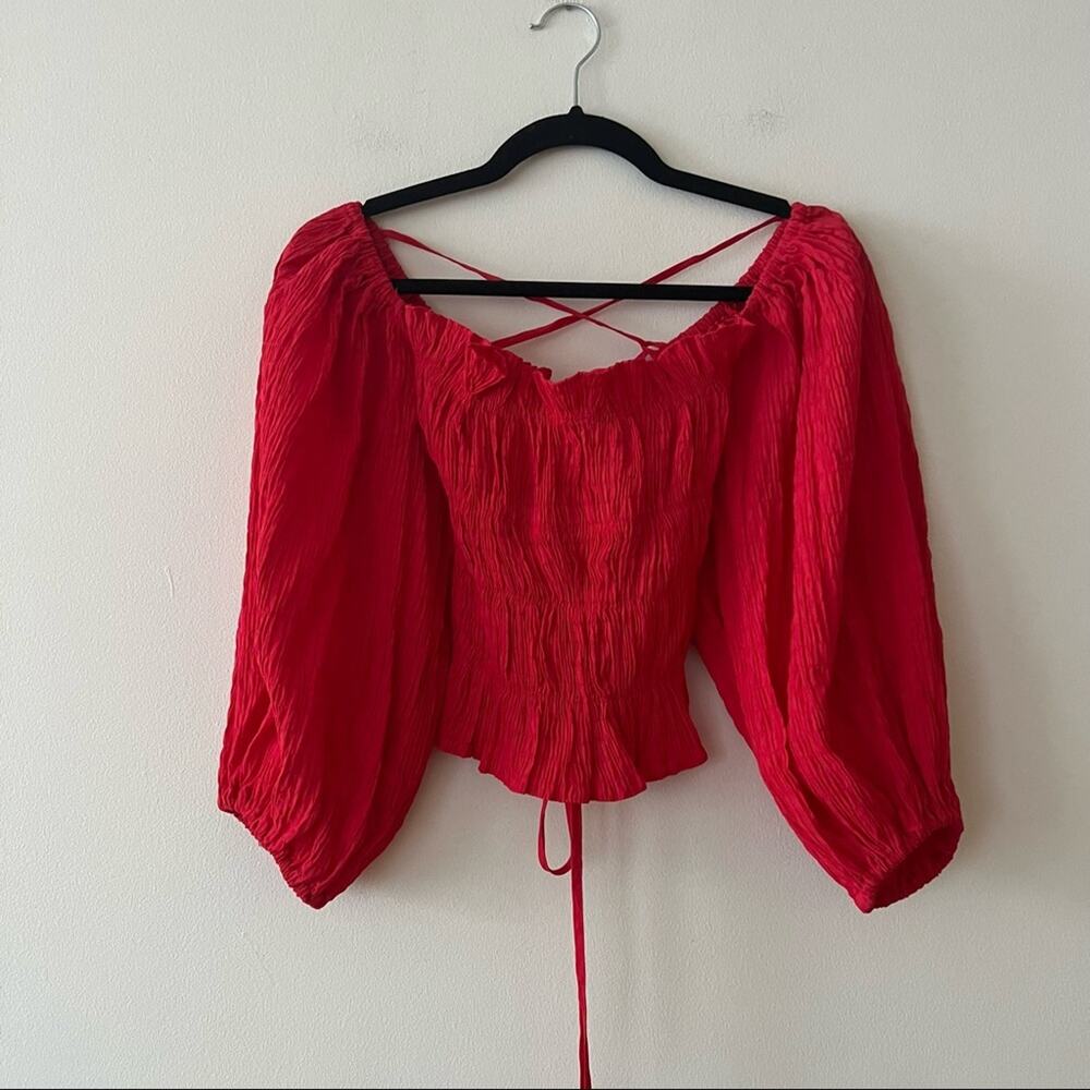 Urban Outfitters Red Smocked Puff-Sleeve Lace-Up Blouse